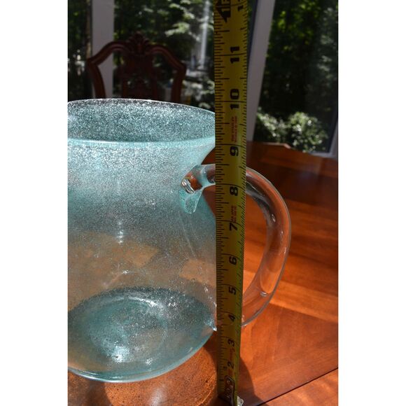 Teal Turquoise Art Glass Pitcher Controlled Bubble Texture Shoreline Collection - Picture 7 of 8